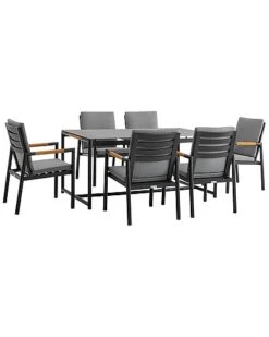 Crown 7pc Black Aluminum And Teak Outdoor Dining Set With Dark Gray Fabric Home