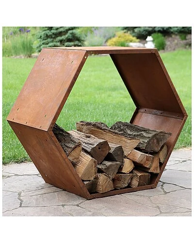 Log Rack 30in Steel With Rustic Finish Hexagon Firewood Storage Home 2 Log Rack 30in Steel With Rustic Finish Hexagon Firewood Storage Home - Image 2